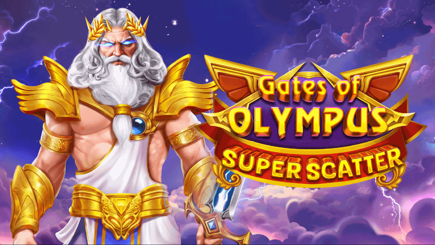 Zeus in goldener Ruestung vor rot-violettem Himmel ueber dem Olymp, im Hintergrund das 6x5-Walzenfeld von Gates of Olympus Super Scatter mit Scatter-Symbol und Edelstein-Symbolen